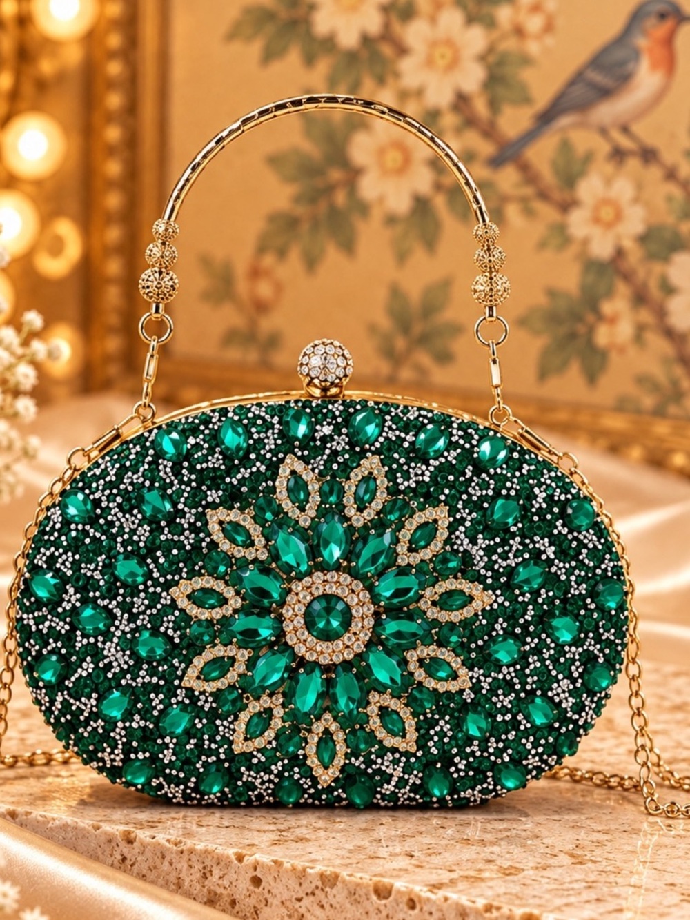 Rhinestone Evening Clutch Floral Crystal Minaudiere Handbag Wedding Purse